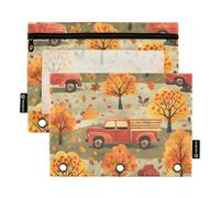 Fustylead Fall Retro Red Harvest Truck and Autumn Tree Lot de 2 trousses à crayons pour classeur à 3 anneaux, grande capacité avec fenêtre transparente pour fournitures cosmétiques de bureau, Vert