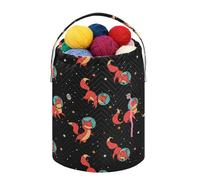 Fustylead Fox Astronauts Panier fourre-tout flottant dans l'espace pour tricot et crochet, grand sac de rangement avec cordon de serrage pour projet de crochet, fournitures de couture, boules de fil,