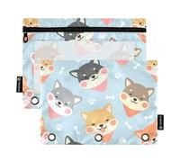 Fustylead Happy Cartoon Shiba Inu Lot de 2 trousses à crayons avec patte de chien et os pour classeurs à 3 anneaux, fermeture éclair avec fenêtre transparente pour cosmétiques et bureau, bleu