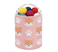 Fustylead Happy Cute Shiba Inu avec patte de chien et os à tricoter, grand sac fourre-tout en polyester durable avec cordon de serrage pour projet de crochet, fournitures de couture, aiguilles