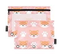 Fustylead Happy Cute Shiba Inu Lot de 2 trousses à crayons avec patte de chien et os pour classeurs standard à 3 anneaux, fermeture éclair avec fenêtre transparente pour bureau, rose