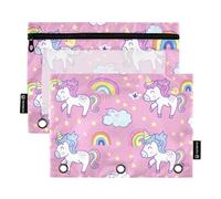 Fustylead Happy Unicorn Rainbow Stars Lot de 2 trousses à crayons de grande capacité pour classeurs à 3 anneaux, trousse étanche avec fenêtre transparente pour cosmétiques et fournitures de bureau,