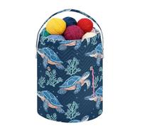 Fustylead Joli sac de rangement pour tricot et crochet, motif tortue de mer bleue et corail, grand panier de rangement portable avec cordon de serrage pour crochet, projet, magasin de pelotes