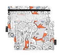 Fustylead Little Fox and Birds in Forest Lot de 2 trousses à crayons pour classeurs standard à 3 anneaux, fermeture éclair avec fenêtre transparente pour classe de bureau, gris
