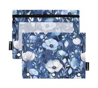 Fustylead Lot de 2 trousses à crayons aquarelle coquelicots sur fond bleu pour classeur à 3 anneaux, grande capacité avec fenêtre transparente pour l'école, le bureau, les cosmétiques pour enfants