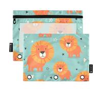 Fustylead Lot de 2 trousses à crayons avec fermeture éclair et fenêtre transparente pour classeurs à 3 anneaux, motif lions, cœurs, étoiles, turquoise