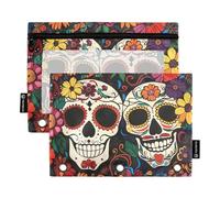 Fustylead Lot de 2 trousses à crayons Day of The Dead Skulls et fleurs pour classeurs à 3 anneaux, poche zippée avec fenêtre transparente pour la maison et le bureau, Noir