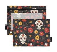 Fustylead Lot de 2 trousses à crayons Day of The Dead Skulls et fleurs rouges et jaunes avec fenêtre transparente pour classeurs à 3 anneaux, trousse à crayons à fermeture éclair pour fournitures