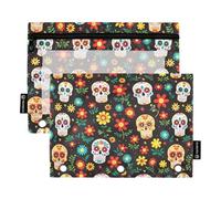 Fustylead Lot de 2 trousses à crayons Day of The Dead Skulls et motif floral coloré pour 3 anneaux, pochettes à crayons avec fermeture éclair et fenêtre transparente pour fournitures cosmétiques de