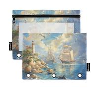 Fustylead Lot de 2 trousses à crayons pour peinture à l'huile de voiliers et dauphins dans la mer pour classeurs à 3 anneaux, pochette à fermeture éclair avec fenêtre transparente pour la maison, le