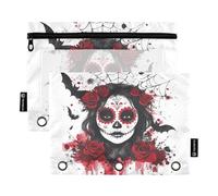 Fustylead Lot de 2 trousses d'Halloween en forme de crâne avec roses, chauves-souris, toiles d'araignée, pour classeurs standard à 3 anneaux, fermeture éclair avec fenêtre transparente pour bureau