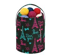 Fustylead Paris I Love You Grand panier fourre-tout avec cordon de serrage Motif tour Eiffel et étoile en forme de cœur pour projets de crochet, fournitures de couture, boules de fil, aiguilles