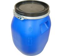 fût à couvercle de 30 litres avec fermeture à serrage| Convient pour aliments | Fermeture étanche à l'air | Empilable et adapté aux palettes | Poignées solides | Bleu
