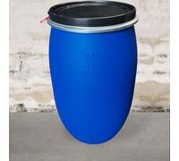 Fût plastique 120 L avec couvercle hermétique et poignées intégrées, idéal pour le stockage et le transport de liquides et solides