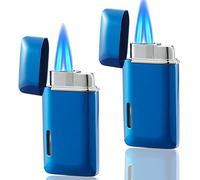 Futlidys Paquet de 2 Mini Briquet à Gaz, Briquet Tempête au Butane Rechargeable, Briquet Double Flamme Réglable, Cadeaux Exquis pour Hommes et Femmes (Vendu sans Gaz), Bleu