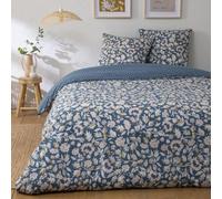 Future Home Parure de lit 2 Personnes Frida Fleurie en Percale 70 Fils - Housse de Couette + 2 taies d'oreiller 63x63cm - 100% Coton Percale - Finition Bouteille - Réversible Bleu 260x240cm