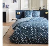 Future Home Parure de lit 2 Personnes Milou imprimé léopard réversible rayé - Housse de Couette + 2 taies d'oreiller 63x63cm - 100% Coton - 57 Fils/cm² - Finition Boutons Bleu 260x240cm