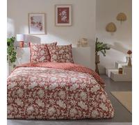 Future Home Parure de lit 2 Personnes Noria Floral à Franges en Coton - Housse de Couette + 2 taies d'oreiller 63x63cm - 57 Fils/cm² - Finition Boutons - Réversible Terracotta 260x240cm