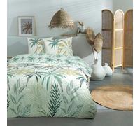 Future Home Parure de lit 2 Personnes Palmeraie Feuillage réversible - Housse de Couette + 2 taies d'oreiller 63x63cm - 100% Coton - 57 Fils/cm² - Finition Boutons - Certifié Oeko-TEX Vert 240x220cm