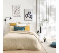Future Home Parure de lit Uma Unie en Coton Finition Bourdon - Housse de Couette + 2 taies d'oreiller 63x63cm - 57 Fils/cm² - Finition Boutons - Certifié Oeko-TEX Beige 260x240cm