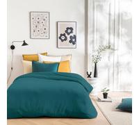 Future Home Parure de lit Uma Unie en Coton Finition Bourdon - Housse de Couette + 2 taies d'oreiller 63x63cm - 57 Fils/cm² - Finition Boutons - Certifié Oeko-TEX Bleu 240x220cm