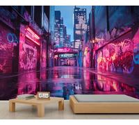 Future Sci-Fi City Mural Graffiti Paysage urbain Papier peint Paysage urbain Mural Néon Ruelle Murale Hip-Hop Street Graffiti Muraux pour chambre à coucher, salle de bain, salon 350 x 256 cm