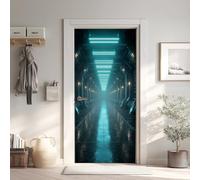 Futuriste Science-Fiction Poster de Porte 3D Trompe L'oeil 73x205 cm, Vaisseau Spatial Auto-Adhésif Sticker Porte pour Chambre Cuisine, Couloir Métallique Stickers Autocollants de Porte