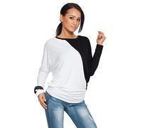 FUTURO FASHION - Haut à Manches Longues Chauve-Souris - Femme - Color Block/Style Kimono - 6042 - Blanc/Noir - 36/38 (M)
