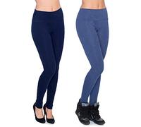 FUTURO FASHION LWPP28 Lot de 2 leggings chauds en coton taille haute pour femme avec intérieur en polaire, Bleu marine/denim, 40