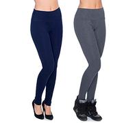 FUTURO FASHION LWPP28 Lot de 2 leggings chauds pour femme en coton taille haute avec intérieur en polaire, Bleu marine/graphite., 42
