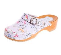 FUTURO FASHION® - Sabots Unisexe - Cuir véritable/Semelle en Bois - Plusieurs Couleurs Disponibles - Tailles 36 à 42 - Blanc/Fleurs Bleues - 40 EU