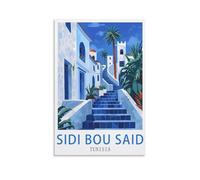 FUUDANG Poster de voyage vintage Sidi Bou Said Tunisie - 20 x 30 cm - Impression sur toile - Décoration murale moderne pour chambre à coucher