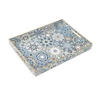 Fuukou Grand plateau de service rectangulaire en plastique avec poignées, plateau de service ottomane bleu bohème pour salon, plateau décoratif pour table basse, 40,6 x 30,5 cm