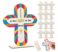 Fuutreo Lot de 12 supports en bois brut avec inscription « Jesus is the Light » pour travaux manuels religieux en bois brut - Ornements de coloriage pour Jésus chrétien, dimanche, église, première