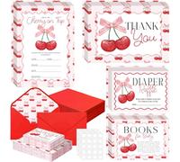 Fuutreo Lot de 150 invitations de remerciement pour fête prénatale « She Is the Cherry on Top » avec enveloppe, livre de demande, billet de tombola rose, carte de révélation du sexe pour fille