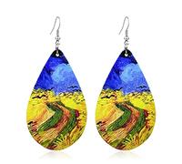Fuvirou Boucles d'oreilles pendantes légères faites à la main en bois naturel avec peinture à l'huile de tournesol - Style bohème - Van Gogh - Pour femmes et filles, Bois