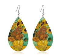 Fuvirou Boucles d'oreilles pendantes légères faites à la main en bois naturel avec peinture à l'huile de tournesol - Style bohème - Van Gogh - Pour femmes et filles, Bois