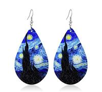 Fuvirou Boucles d'oreilles pendantes légères faites à la main en bois naturel avec peinture à l'huile de tournesol - Style bohème - Van Gogh - Pour femmes et filles, Bois