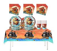 Fuwraixis Bateau pirate Vaisselle de fête 61 pièces Capitaine pirate Vaisselle d'anniversaire pour enfants Ensemble d'assiettes en papier sur le thème des pirates pour 20 invités