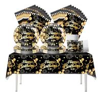 Fuwraixis Vaisselle de fête black gold, 61 pièces Vaisselle d'anniversaire pour enfants, Diamond Ensemble d'assiettes en papier, Serviettes en papier, nappe et gobelets, 20 personne