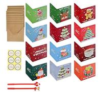 FuxFuis 24 PCS Cartes de Noël avec Enveloppe, Carte Joyeux Noël Carte Postale de Noel Cartes de Vœux de Noël Pliées 12 Styles Carte Remerciements avec 24 Autocollants de Fermeture et 2 Stylos