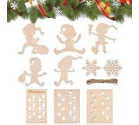 FuxFuis 5 PCS Pochoir Gnome Noel, 3 PCS Pochoir Empreinte de Pas, 2 PCS Flocon de Neige en Bois et Rouleau de Ficelle, Pochoir de Lutin de Noël Pochoir Empreintes de Lutins pour Fenêtre Verre Sol Mur