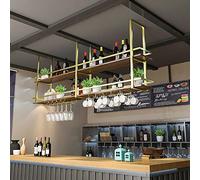 FUYAO Rack à vin au Plafond en métal, Porte-Bouteille à vin Suspendu à 2 Couches + étagère en Verre, Afficher Le Porte-Rangement, pour Bar Cafe Kitchen