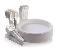 Fuyit 200Pcs Assiettes Jetables en Bagasse de Canne à Sucre, Couverts Jetables,Fourchettes, Couteaux et Cuillères pour La Fête, Le Camping et Les Pique-Niques,Anniversaires