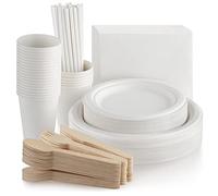 Fuyit 200Pcs Vaisselle Jetable, Bagasse Assiette Jetable Biodégradable Couteau, Fourchette et Cuillère Tasse Paille Serviette, pour Soirée Party Fête de Mariage,25 Invités