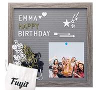 Fuyit Tableau Lettres Amovibles en Feutre Décoratif, 30 × 30 cm Cadre Lettre avec 600 Lettres, Chiffres, Symboles, Expressions et Soutien en Bois, pour Le Mur Ou Table, Grey