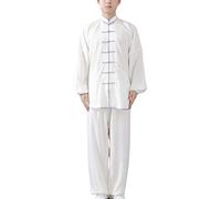 FUYUFU Coton et Lin Tenue de Tai Chi Unisexe Vêtements D’Arts Martiaux Kung-fu Costume pour Homme et Femme (Un Ensemble) (Bord Gris Blanc/Manches Longues, L)