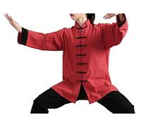 FUYUFU Coton et Lin Tenue de Tai Chi à Manches Longues Unisexe Vêtements D’Arts Martiaux Kung-fu Costume Ridé (Un Ensemble) (Veste jujube Rouge/Pantalon Noir, XXXL)