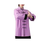FUYUFU Coton et Lin Tenue de Tai Chi à Manches Longues Unisexe Vêtements D’Arts Martiaux Kung-fu Costume Ridé (Un Ensemble) (Veste Violette/Pantalon Noir, XXL)