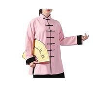 FUYUFU Coton et Lin Tenue de Tai Chi à Manches Longues Unisexe Vêtements D’Arts Martiaux Kung-fu Costume Ridé (Un Ensemble) (Veste Rose/Pantalon Noir, S)